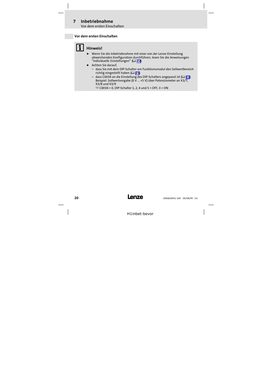 7 inbetriebnahme, Vor dem ersten einschalten, Inbetriebnahme | Lenze E82ZAFSC100 User Manual | Page 20 / 66
