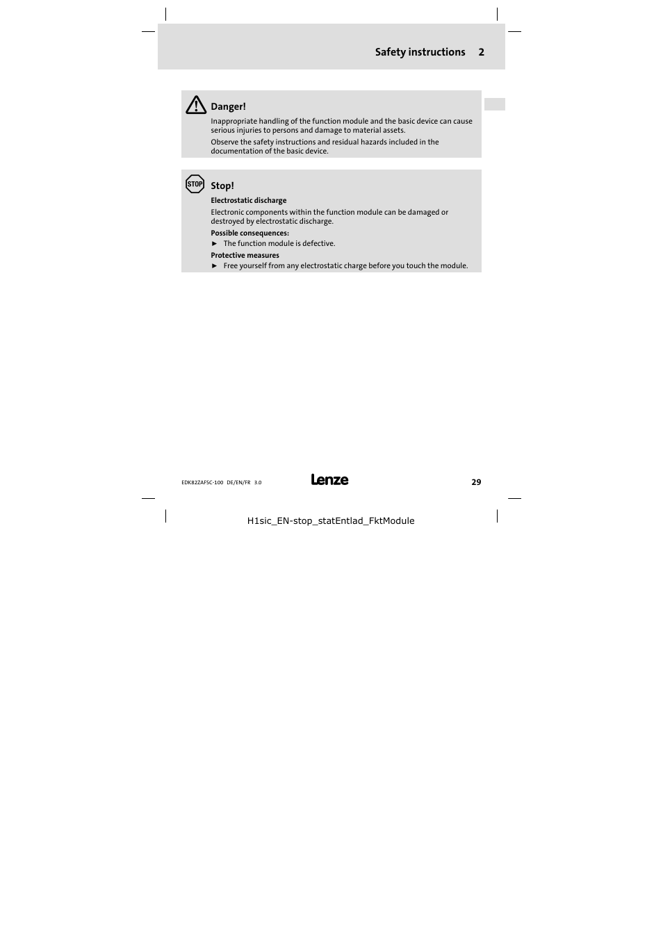 2 safety instructions, Safety instructions | Lenze E82ZAFSC100 User Manual | Page 29 / 66