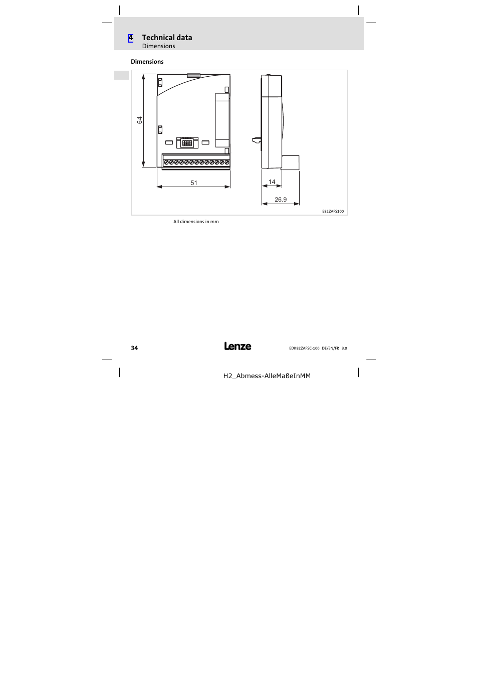 Dimensions | Lenze E82ZAFSC100 User Manual | Page 34 / 66