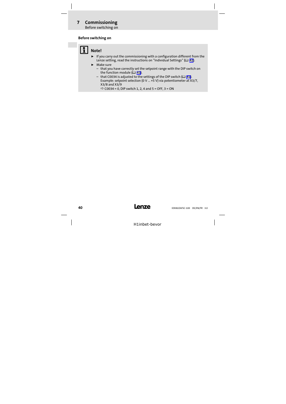 7 commissioning, Before switching on, Commissioning 40 | Lenze E82ZAFSC100 User Manual | Page 40 / 66