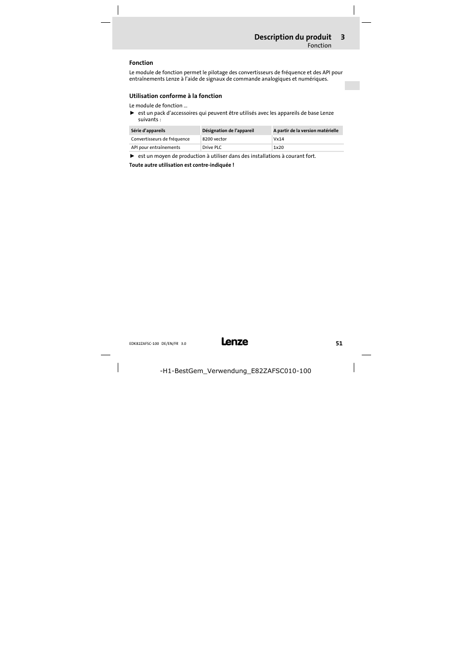 3 description du produit, Fonction, Utilisation conforme à la fonction | Description du produit, Fonction 51 | Lenze E82ZAFSC100 User Manual | Page 51 / 66