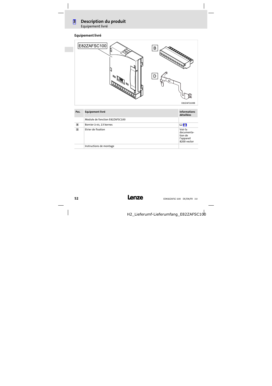 Equipement livré, 3description du produit | Lenze E82ZAFSC100 User Manual | Page 52 / 66