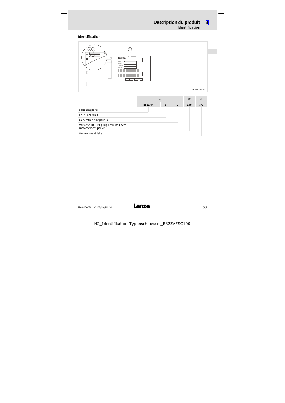 Identification, Description du produit | Lenze E82ZAFSC100 User Manual | Page 53 / 66