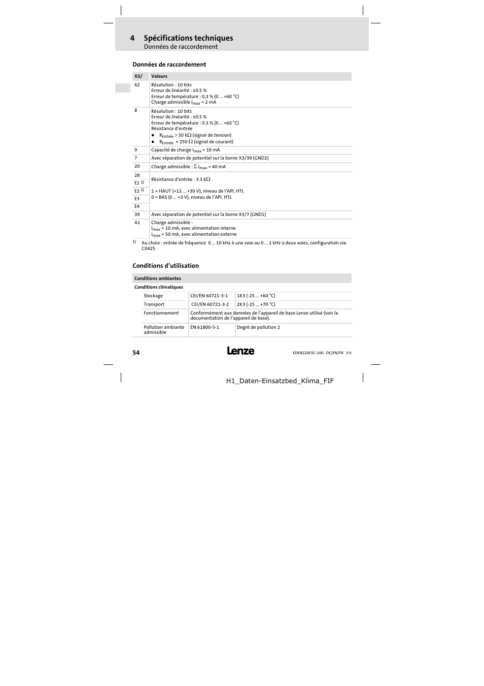 4 spécifications techniques, Données de raccordement, Conditions d'utilisation | Spécifications techniques, Conditions d’utilisation, 4spécifications techniques | Lenze E82ZAFSC100 User Manual | Page 54 / 66