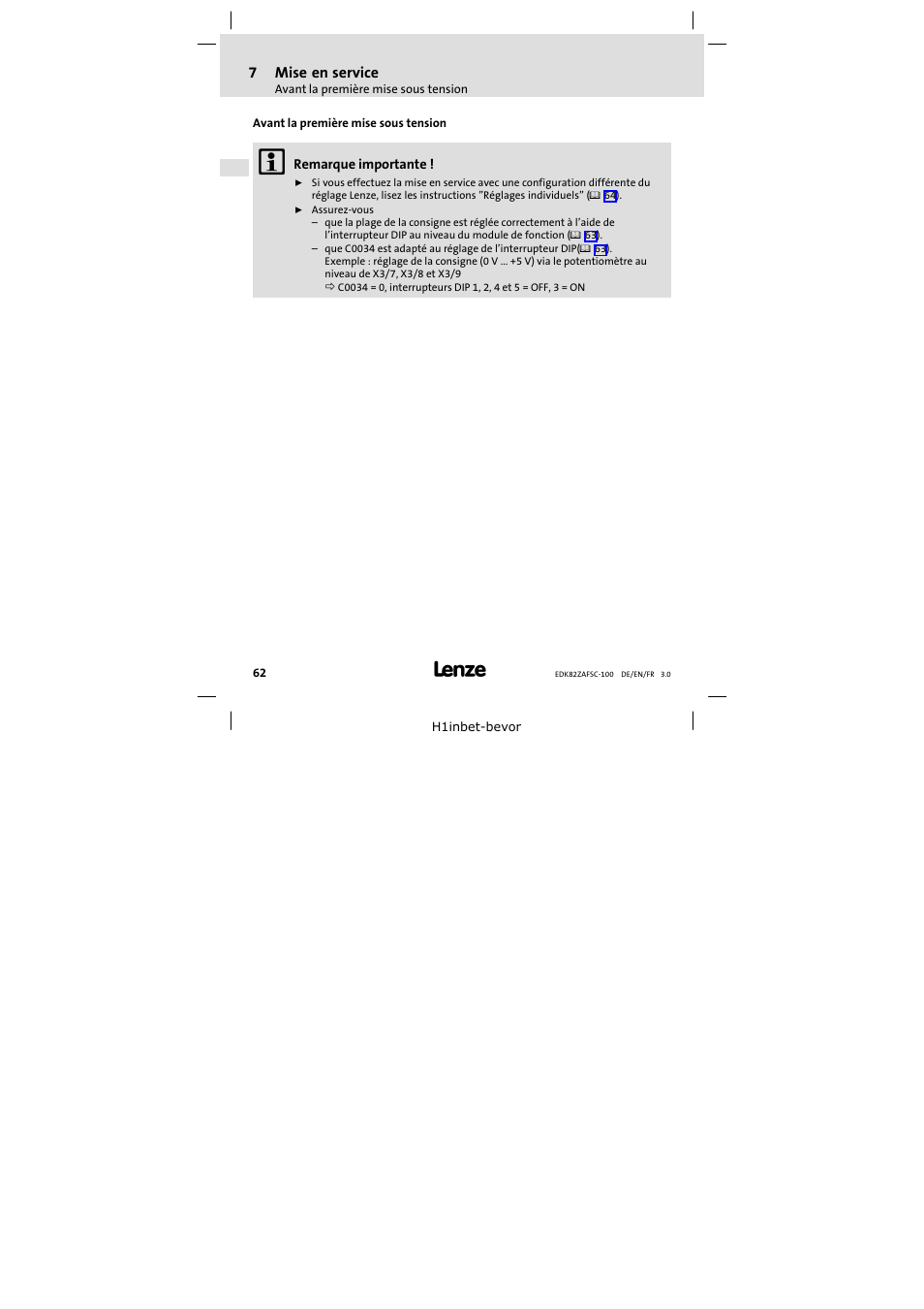 7 mise en service, Avant la première mise sous tension, Mise en service | 7mise en service | Lenze E82ZAFSC100 User Manual | Page 62 / 66