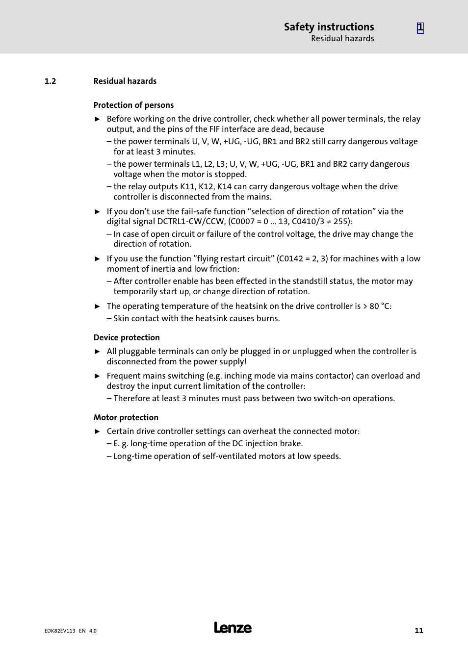 2 residual hazards, Residual hazards, Safety instructions | Lenze E82xV113Kxxxxx User Manual | Page 11 / 25