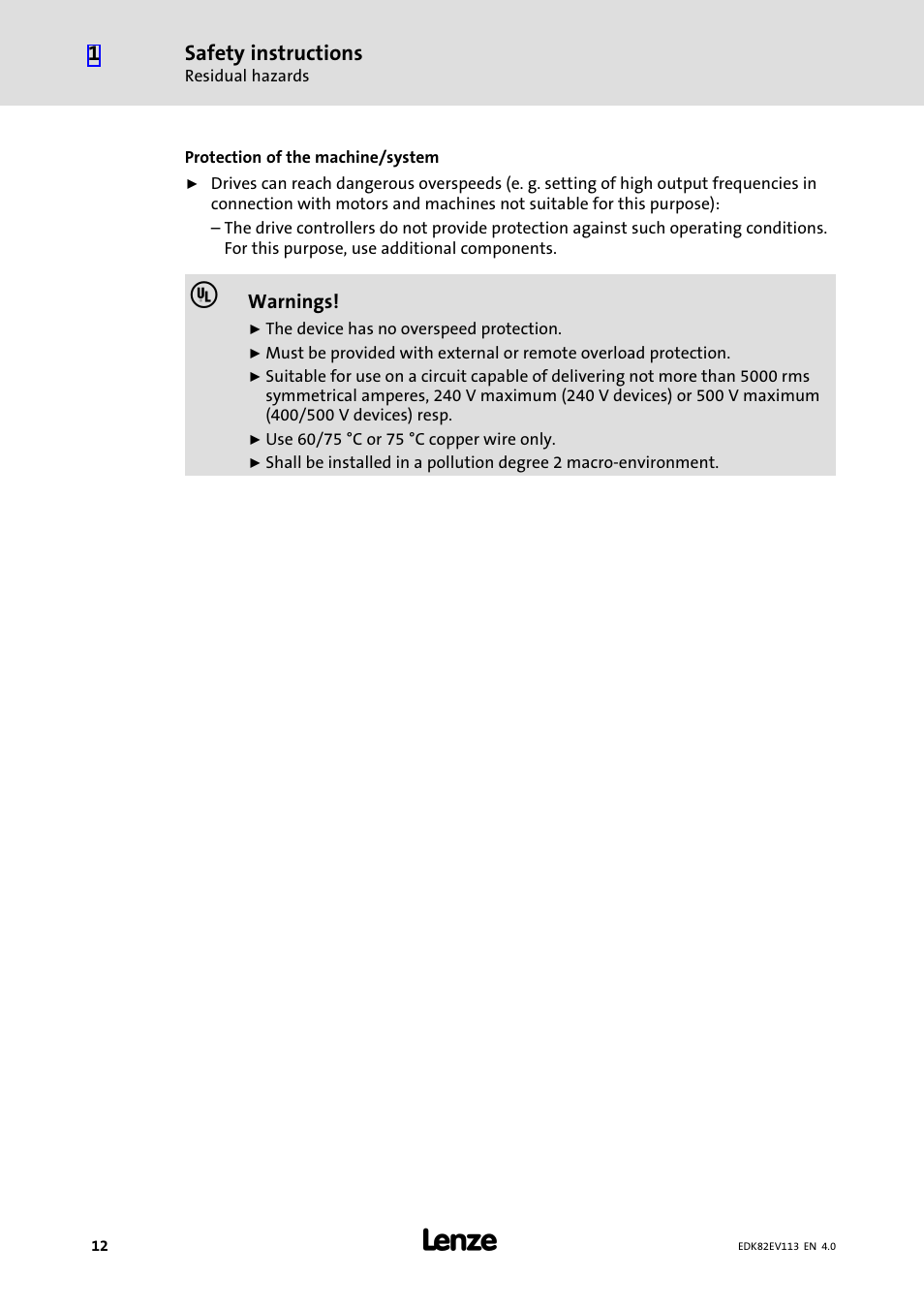 Safety instructions | Lenze E82xV113Kxxxxx User Manual | Page 12 / 25