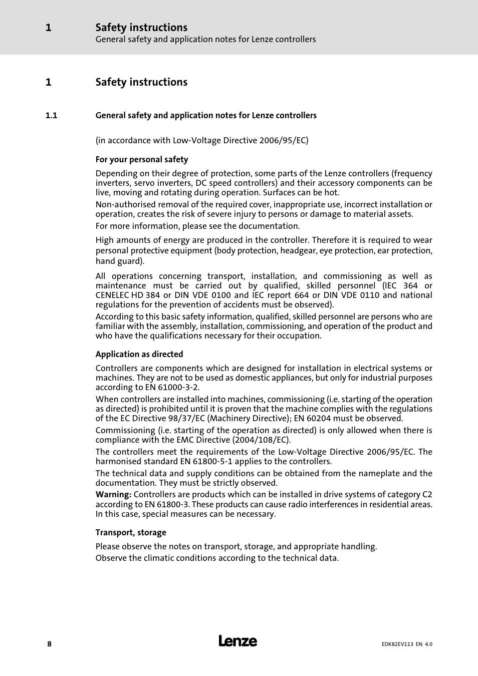 1 safety instructions, Safety instructions, 1safety instructions | Lenze E82xV113Kxxxxx User Manual | Page 8 / 25
