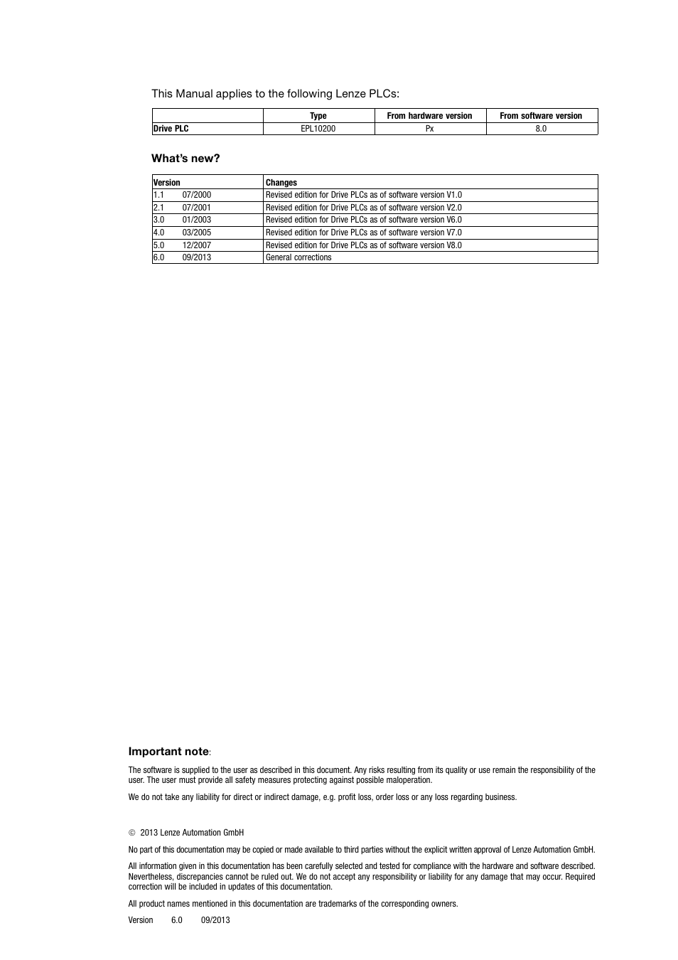 This manual applies to, This manual applies to the following lenze plcs, What’s new | Lenze Global Drive PLC Developer Studio User Manual | Page 2 / 129