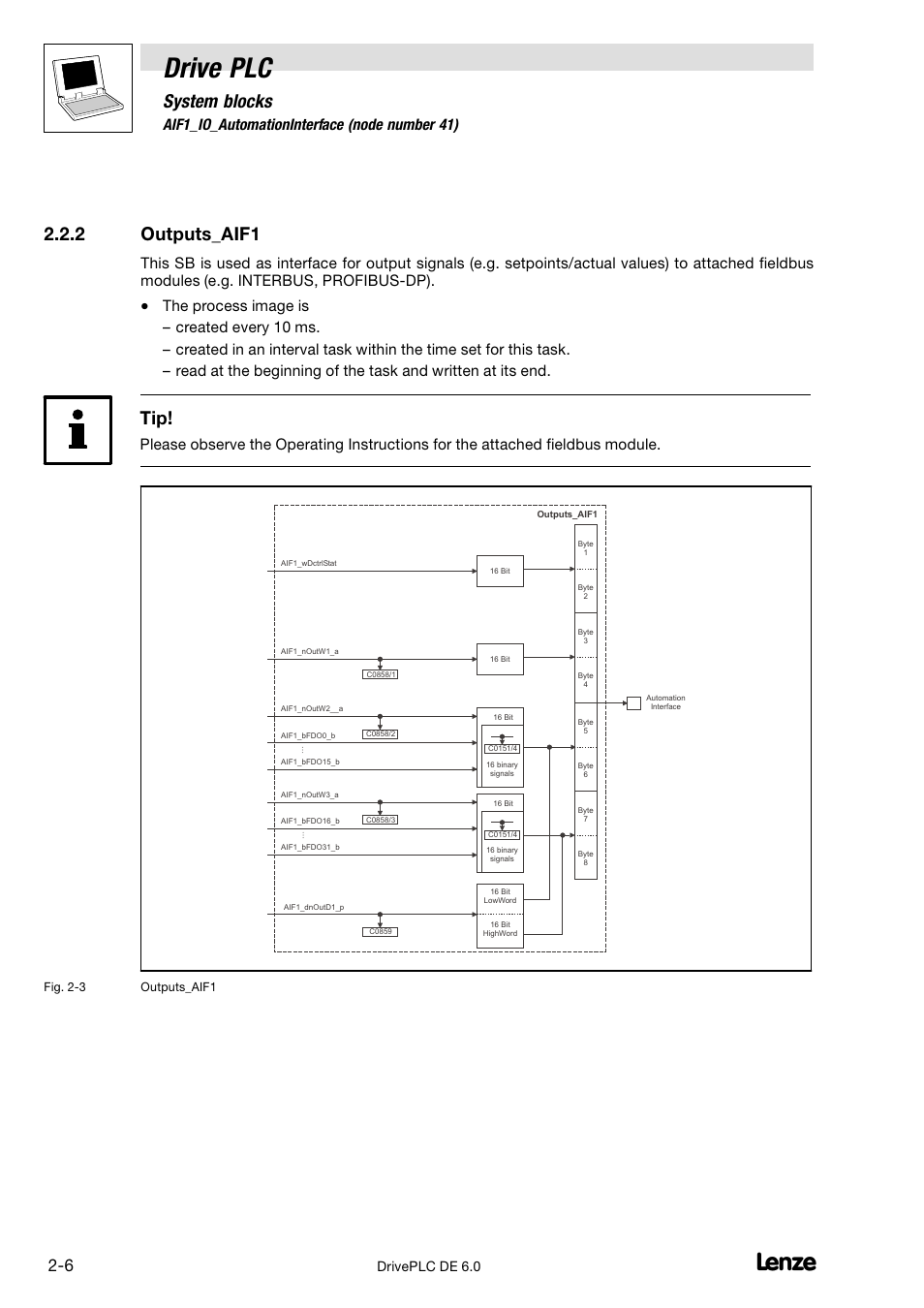 Outputs_aif1, Drive plc, System blocks | 2 outputs_aif1, 2 aif1_io_automationinterface (node number 41), Driveplc de 6.0 | Lenze Global Drive PLC Developer Studio User Manual | Page 20 / 129