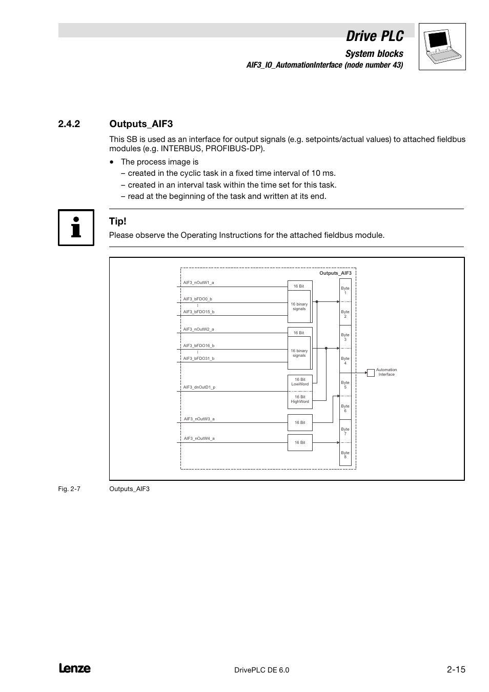 Outputs_aif3, Drive plc, System blocks | 2 outputs_aif3, 4 aif3_io_automationinterface (node number 43) | Lenze Global Drive PLC Developer Studio User Manual | Page 29 / 129
