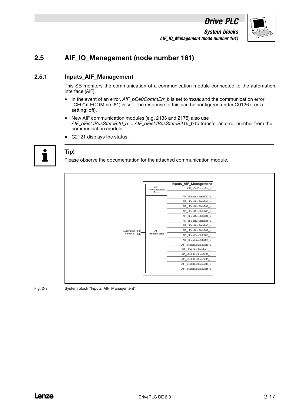 Aif_io_management (node number 161), Inputs_aif_management, Drive plc | 5 aif_io_management (node number 161), System blocks, 1 inputs_aif_management | Lenze Global Drive PLC Developer Studio User Manual | Page 31 / 129