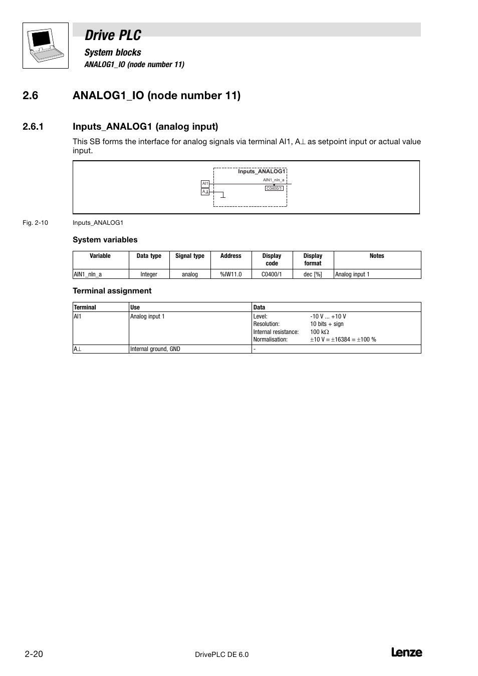 Analog1_io (node number 11), Inputs_analog1 (analog input), Drive plc | 6 analog1_io (node number 11), System blocks, 1 inputs_analog1 (analog input) | Lenze Global Drive PLC Developer Studio User Manual | Page 34 / 129