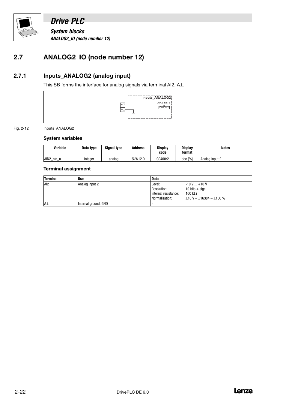 Analog2_io (node number 12), Inputs_analog2 (analog input), Drive plc | 7 analog2_io (node number 12), System blocks, 1 inputs_analog2 (analog input) | Lenze Global Drive PLC Developer Studio User Manual | Page 36 / 129