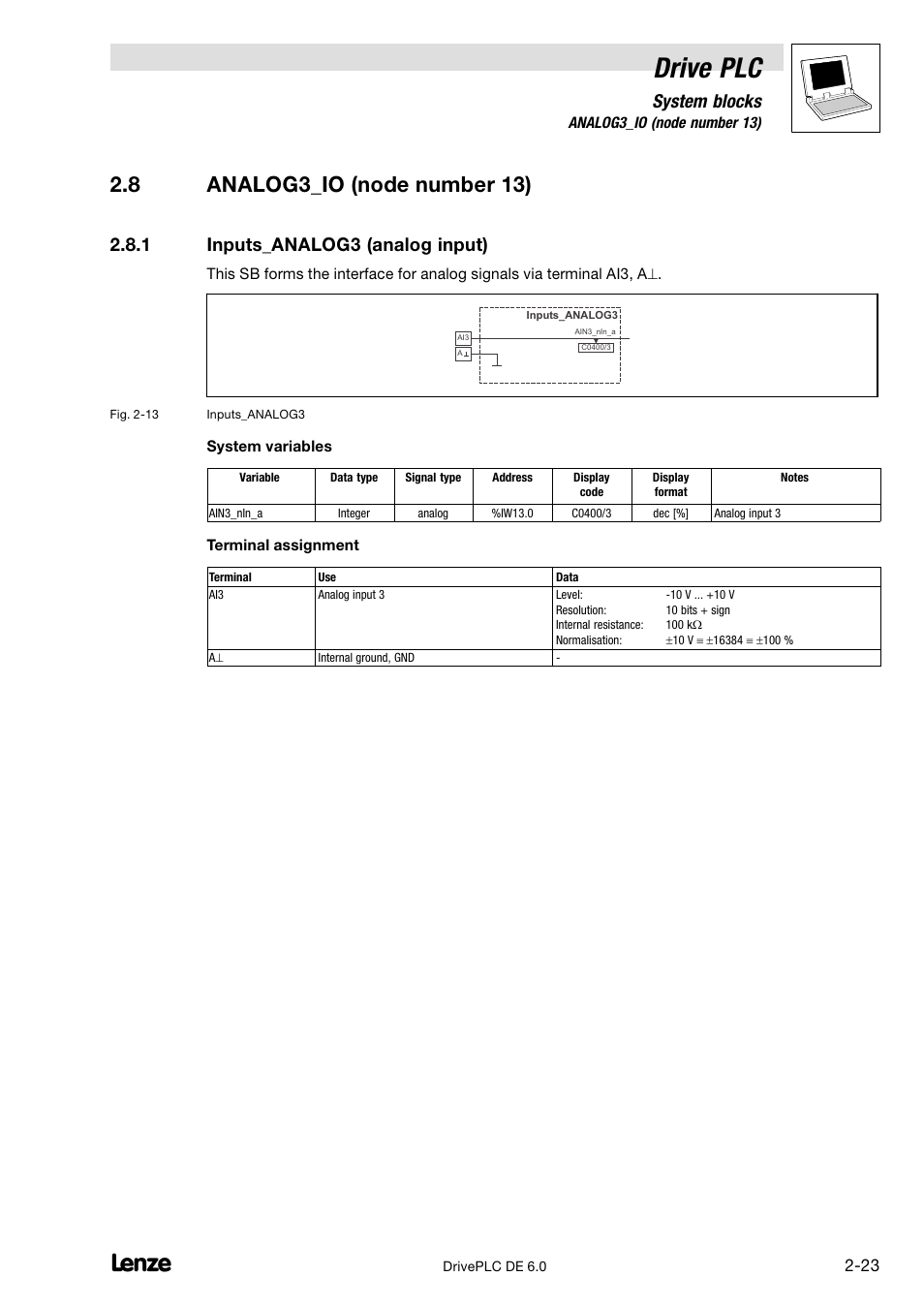 Analog3_io (node number 13), Inputs_analog3 (analog input), Drive plc | 8 analog3_io (node number 13), System blocks, 1 inputs_analog3 (analog input) | Lenze Global Drive PLC Developer Studio User Manual | Page 37 / 129