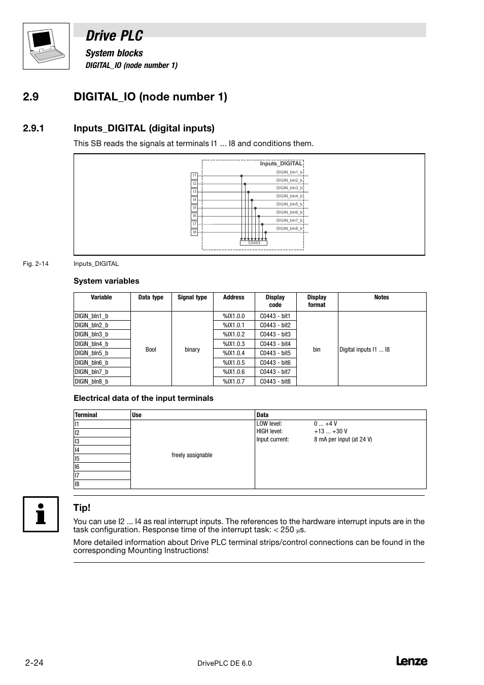 Digital_io (node number 1), Inputs_digital (digital inputs), Drive plc | 9 digital_io (node number 1), System blocks, 1 inputs_digital (digital inputs) | Lenze Global Drive PLC Developer Studio User Manual | Page 38 / 129