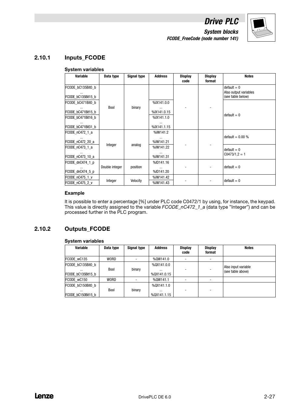 Inputs_fcode, Outputs_fcode, Drive plc | System blocks, 1 inputs_fcode, 2 outputs_fcode | Lenze Global Drive PLC Developer Studio User Manual | Page 41 / 129