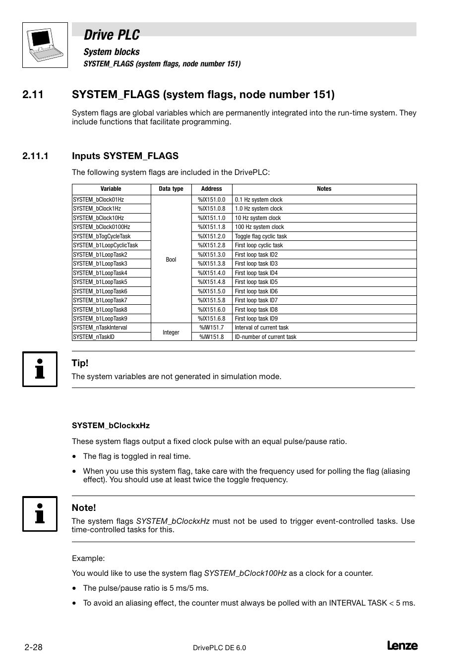 System_flags (system flags, node number 151), Inputs system_flags, 11 system_flags (system flags, node number 151) | Drive plc, System blocks, 1 inputs system_flags | Lenze Global Drive PLC Developer Studio User Manual | Page 42 / 129