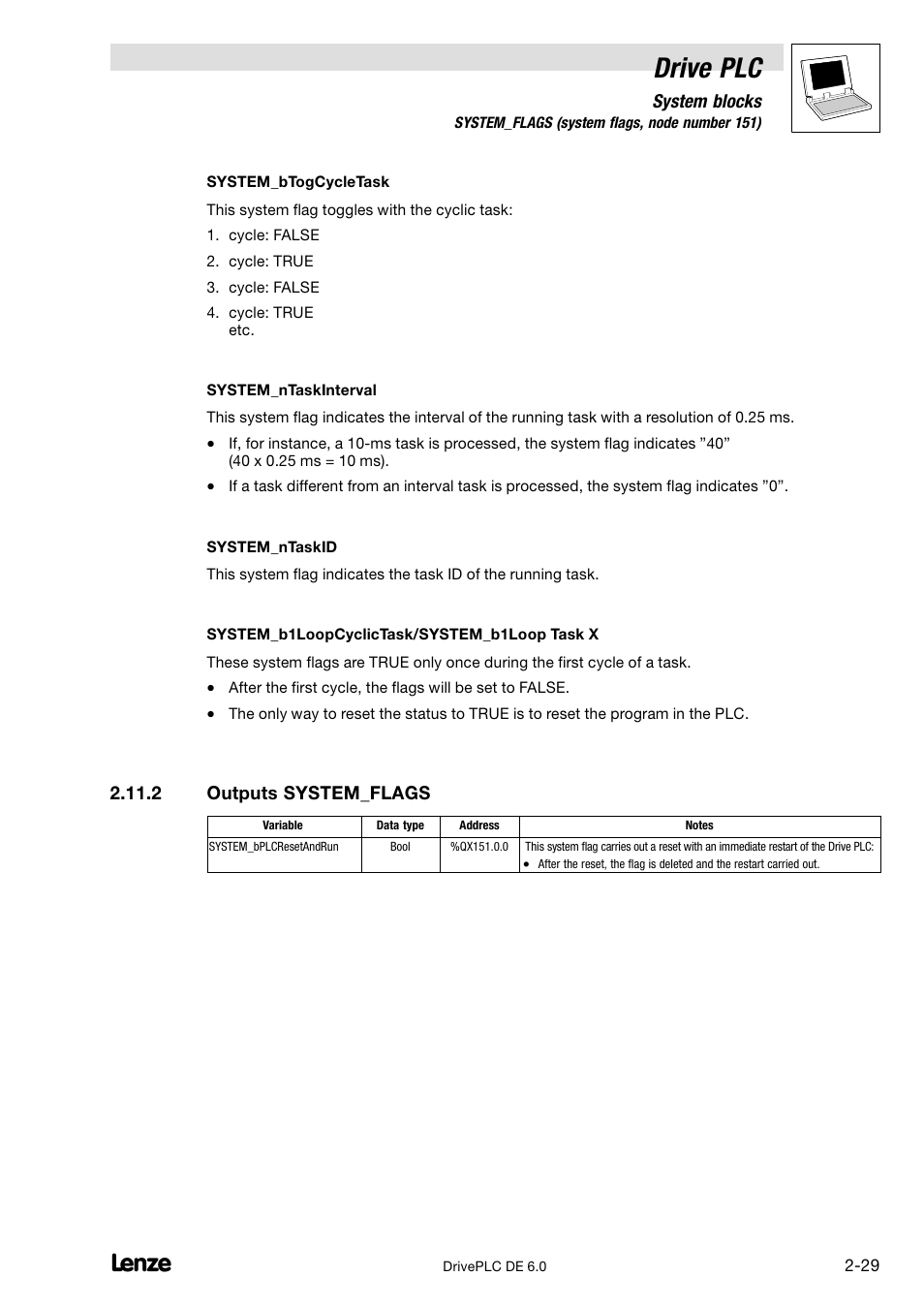 Outputs system_flags, Drive plc | Lenze Global Drive PLC Developer Studio User Manual | Page 43 / 129