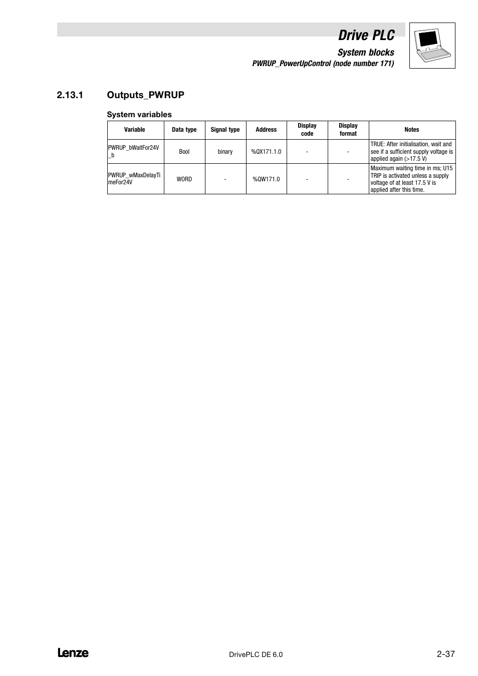 Outputs_pwrup, Drive plc, System blocks | 1 outputs_pwrup | Lenze Global Drive PLC Developer Studio User Manual | Page 51 / 129