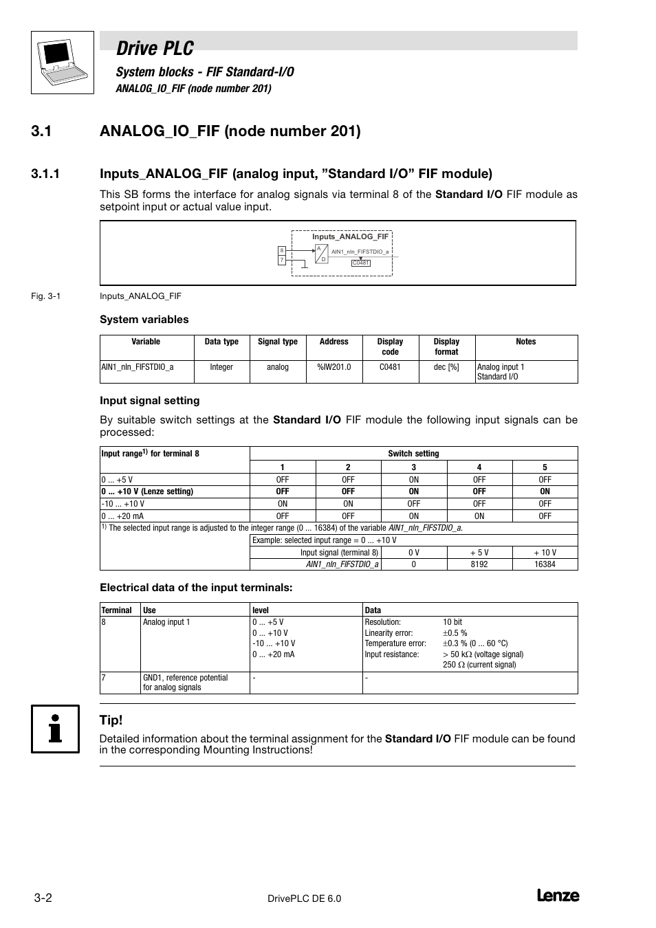 Analog_io_fif (node number 201), Drive plc, 1 analog_io_fif (node number 201) | System blocks − fif standard−i/o | Lenze Global Drive PLC Developer Studio User Manual | Page 54 / 129
