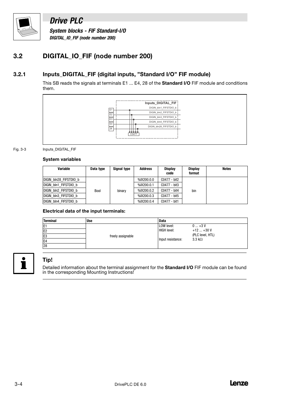 Digital_io_fif (node number 200), Drive plc, 2 digital_io_fif (node number 200) | System blocks − fif standard−i/o | Lenze Global Drive PLC Developer Studio User Manual | Page 56 / 129