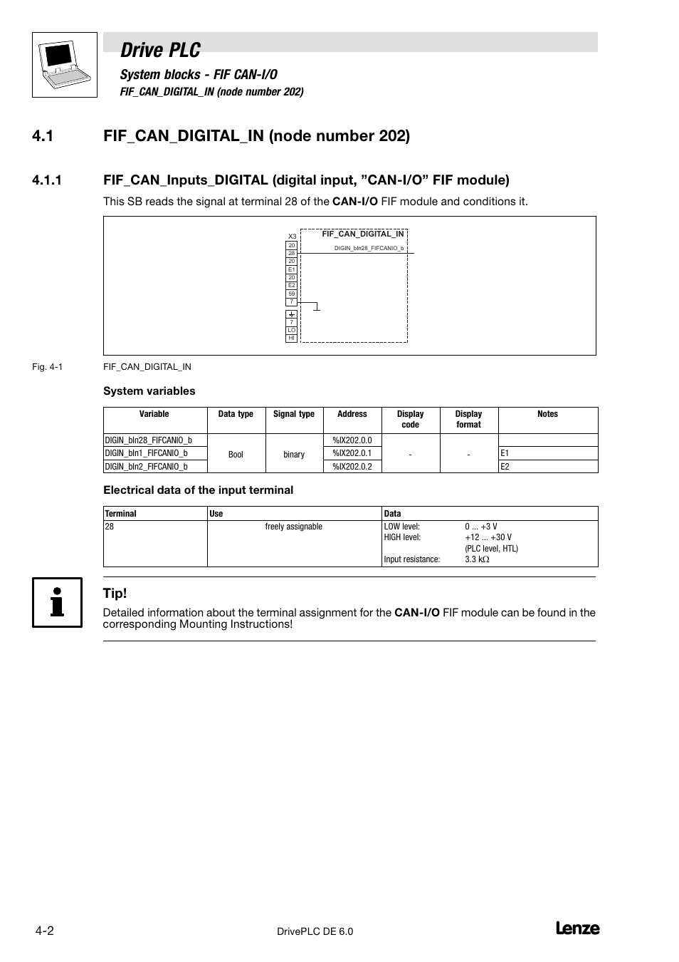 Fif_can_digital_in (node number 202), Drive plc, 1 fif_can_digital_in (node number 202) | System blocks − fif can−i/o | Lenze Global Drive PLC Developer Studio User Manual | Page 60 / 129