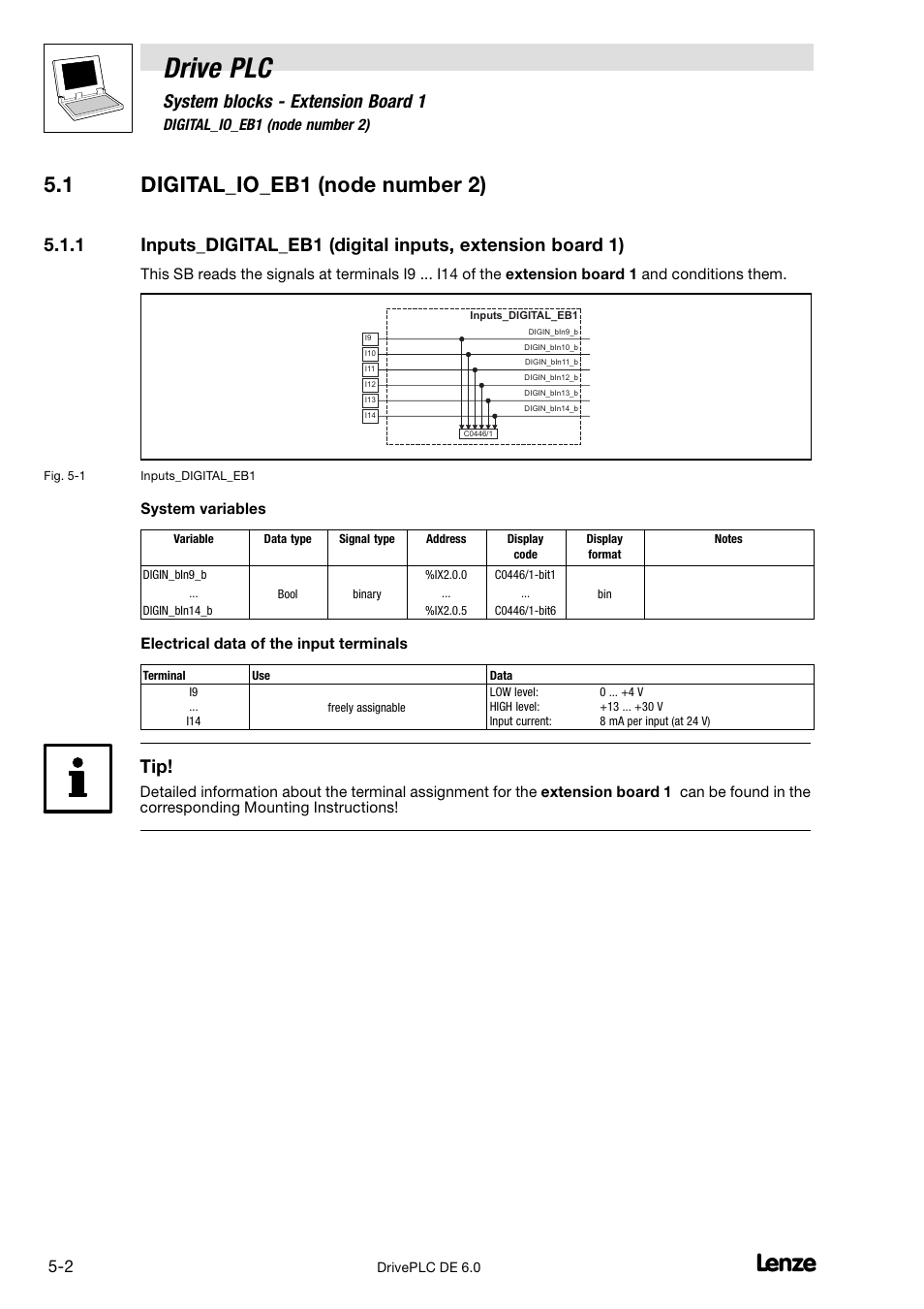 Digital_io_eb1 (node number 2), Drive plc, 1 digital_io_eb1 (node number 2) | System blocks − extension board 1 | Lenze Global Drive PLC Developer Studio User Manual | Page 62 / 129