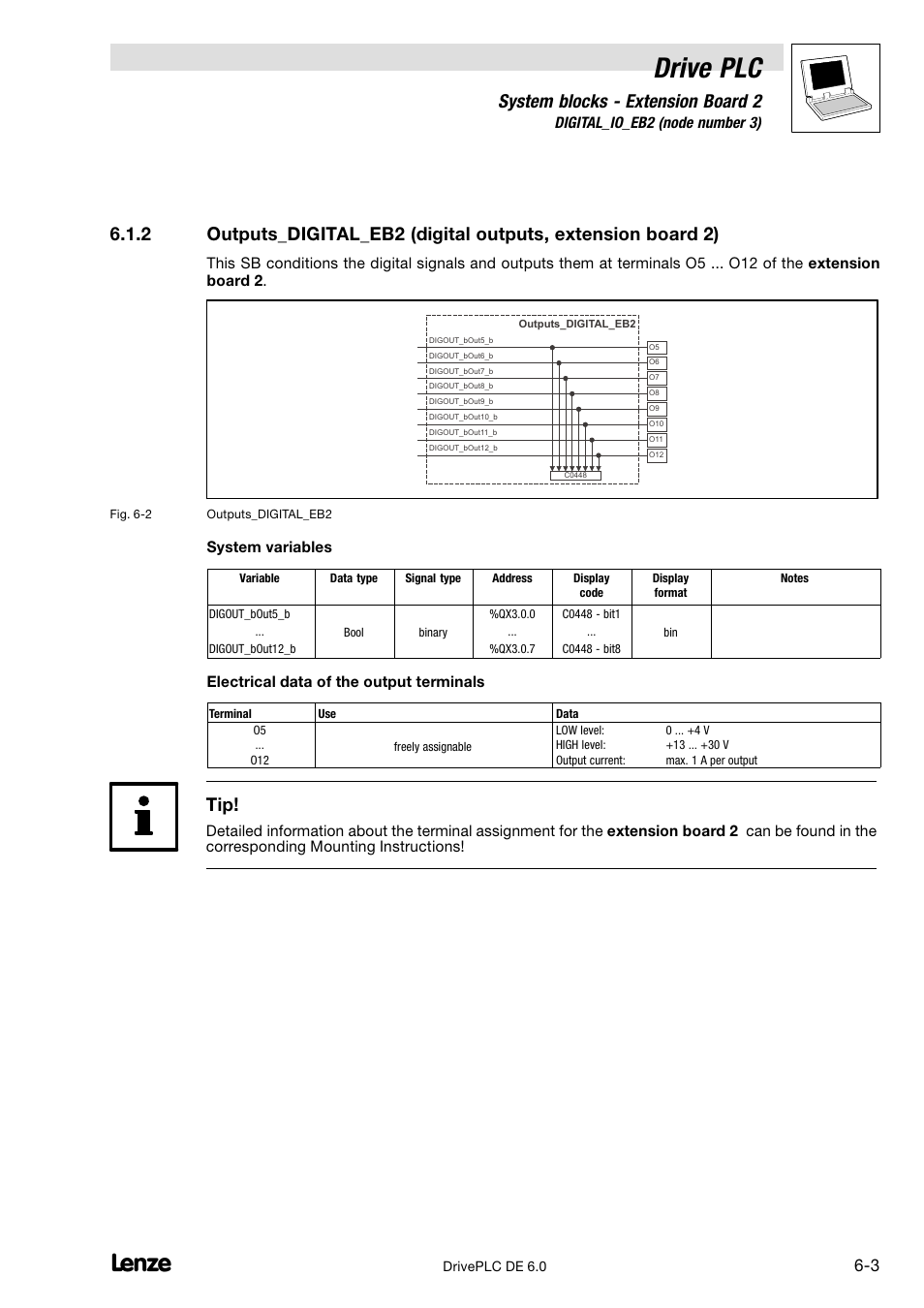 Drive plc, System blocks − extension board 2, 1 digital_io_eb2 (node number 3) | System variables, Electrical data of the output terminals | Lenze Global Drive PLC Developer Studio User Manual | Page 67 / 129