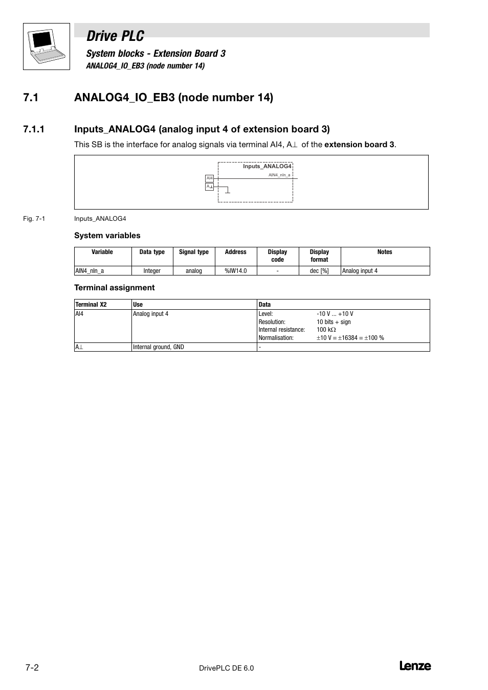 Analog4_io_eb3 (node number 14), Drive plc, System blocks − extension board 3 | Lenze Global Drive PLC Developer Studio User Manual | Page 70 / 129