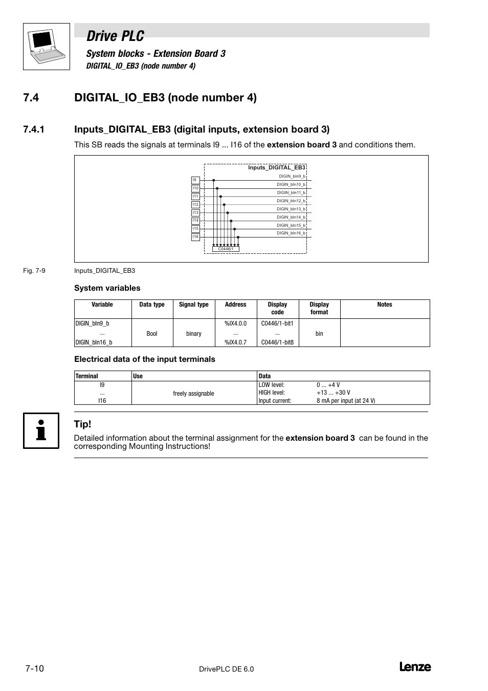 Digital_io_eb3 (node number 4), Drive plc, 4 digital_io_eb3 (node number 4) | System blocks − extension board 3 | Lenze Global Drive PLC Developer Studio User Manual | Page 78 / 129