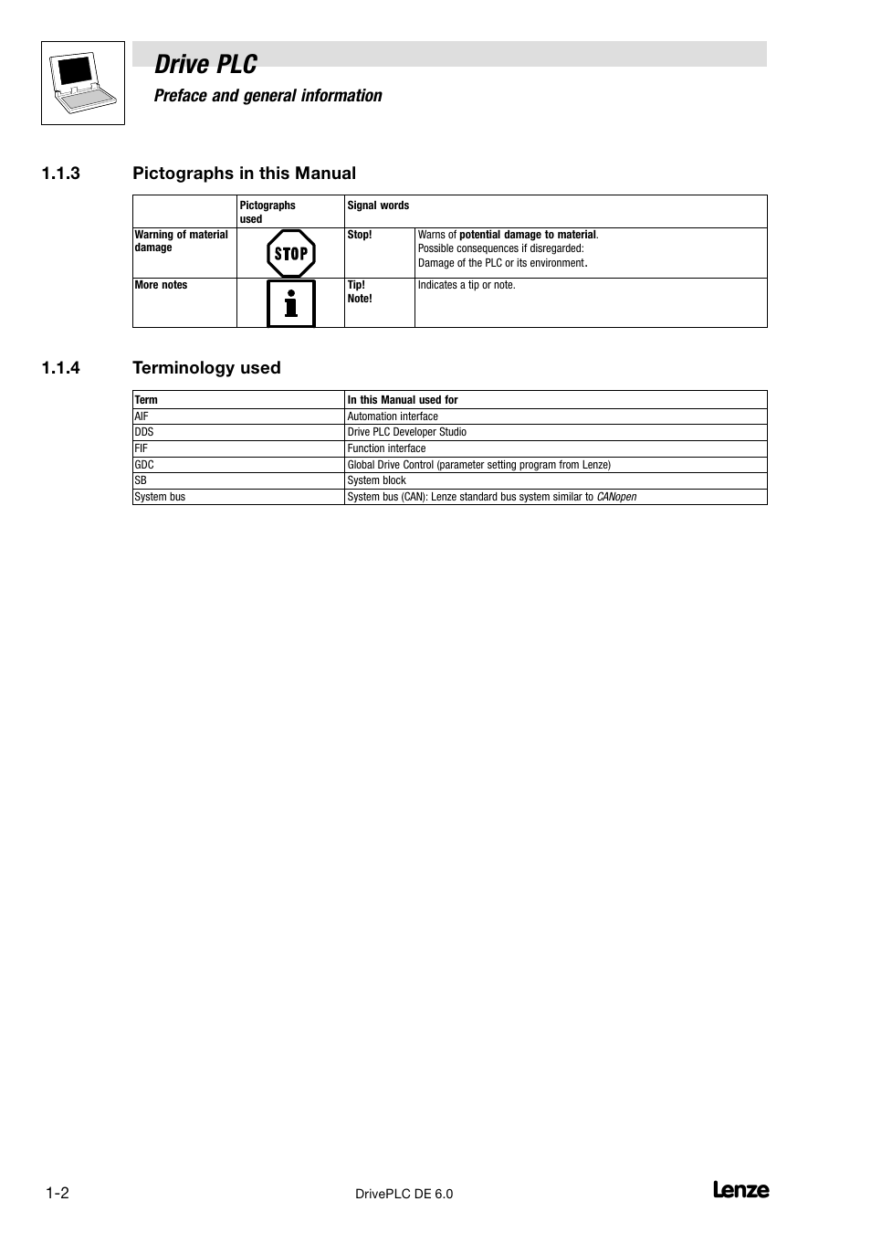 Pictographs in this manual, Terminology used, Drive plc | Preface and general information, 3 pictographs in this manual, 4 terminology used | Lenze Global Drive PLC Developer Studio User Manual | Page 8 / 129