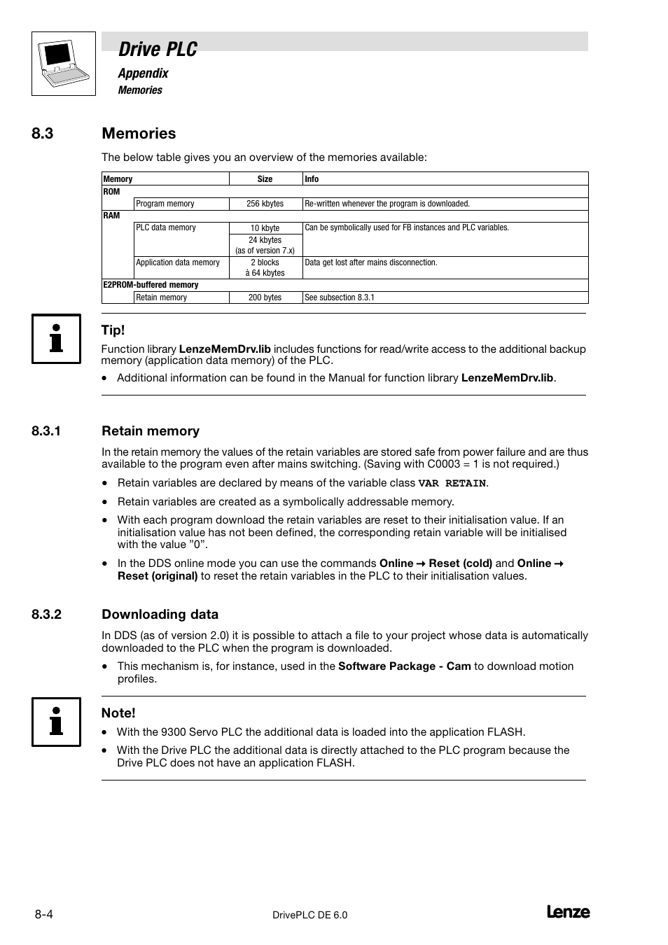 Memories, Retain memory, Downloading data | Drive plc | Lenze Global Drive PLC Developer Studio User Manual | Page 84 / 129