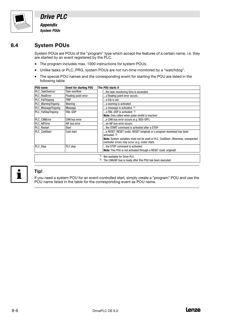 System pous, Drive plc, 4 system pous | Appendix | Lenze Global Drive PLC Developer Studio User Manual | Page 86 / 129