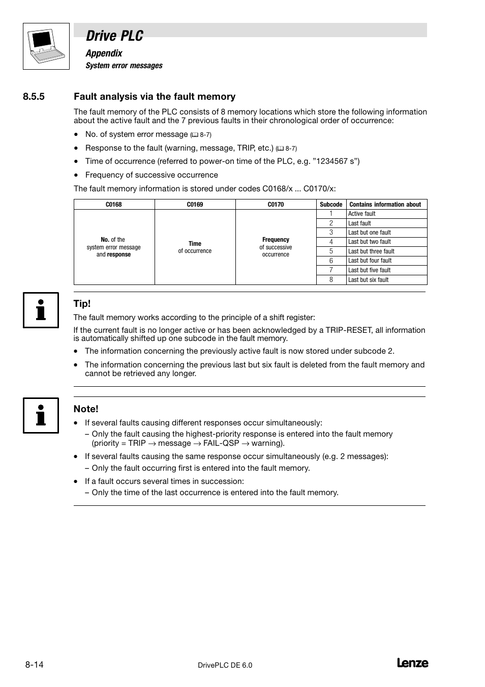 Fault analysis via the fault memory, Drive plc, Appendix | Lenze Global Drive PLC Developer Studio User Manual | Page 94 / 129