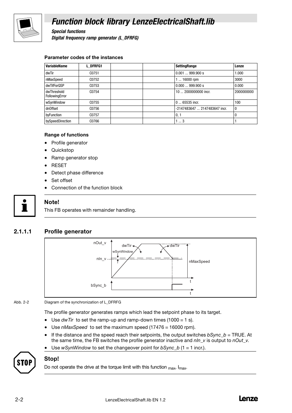 Function block library lenzeelectricalshaft.lib, 1 profile generator, Stop | Lenze DDS Global Drive PLC Developer Studio User Manual | Page 12 / 45