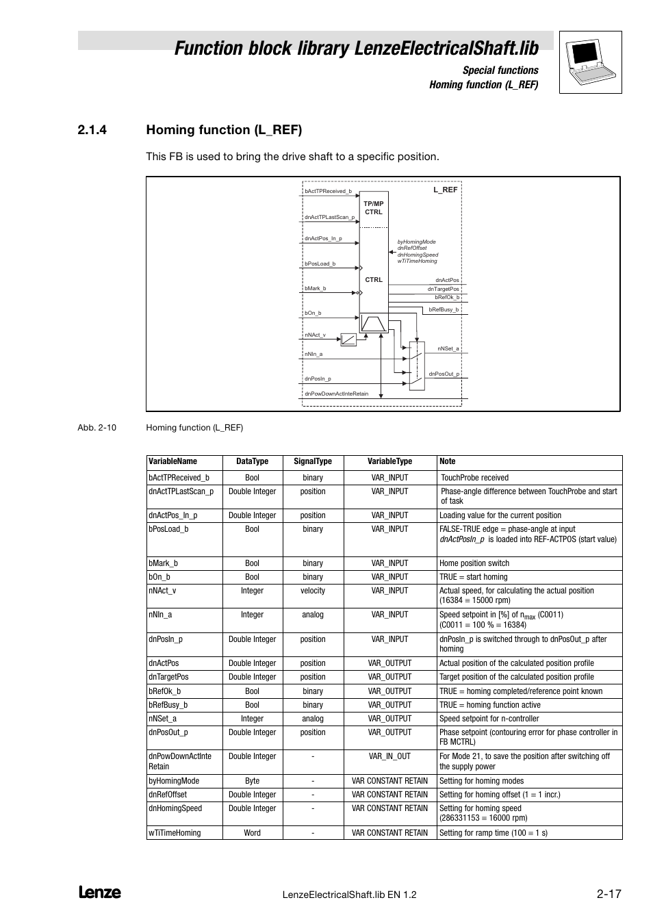 4 homing function (l_ref), Homing function (l_ref), Function block library lenzeelectricalshaft.lib | Special functions 2.1.4 homing function (l_ref) | Lenze DDS Global Drive PLC Developer Studio User Manual | Page 27 / 45