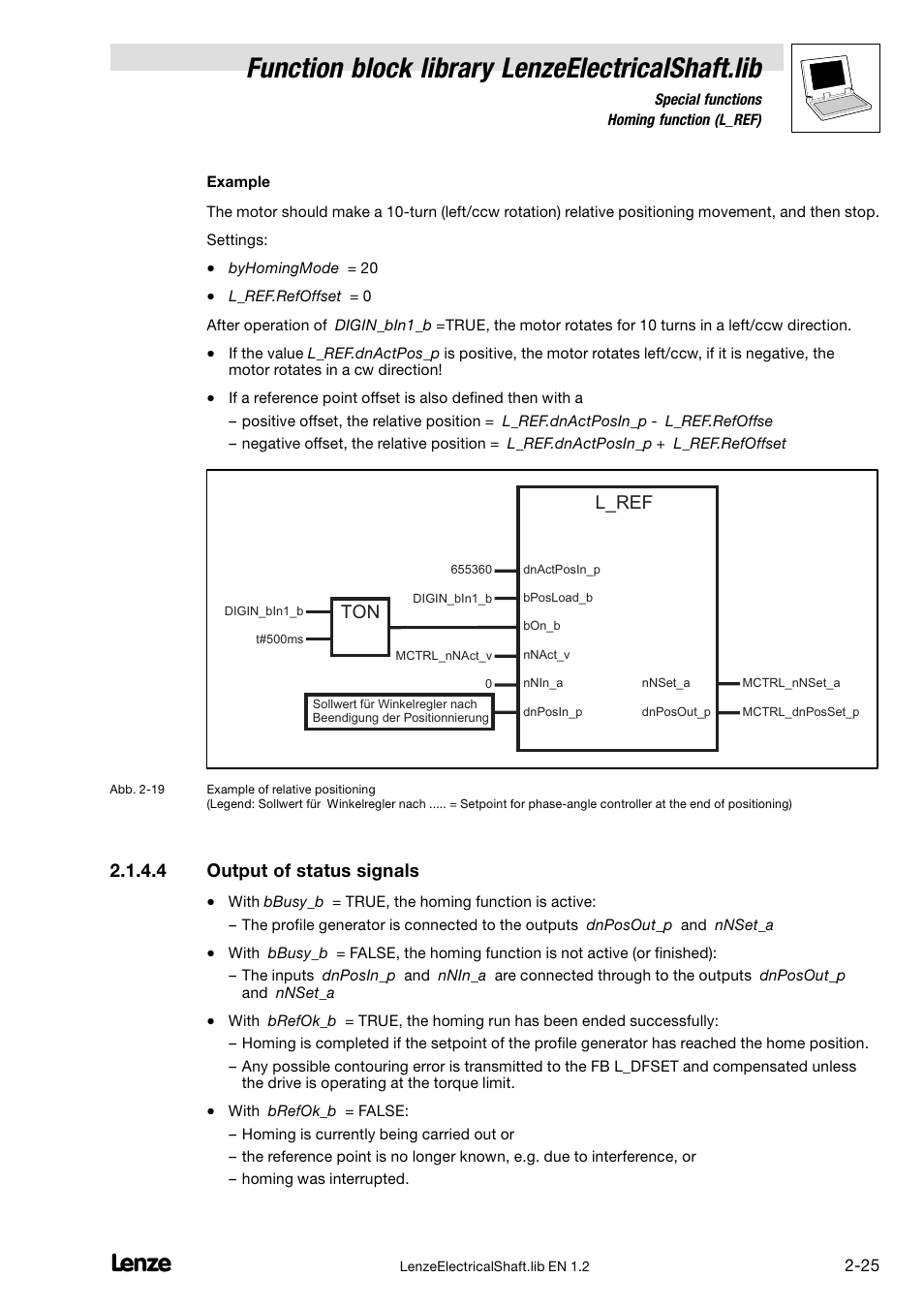 Function block library lenzeelectricalshaft.lib, L _ r e f, T o n | 4 output of status signals | Lenze DDS Global Drive PLC Developer Studio User Manual | Page 35 / 45