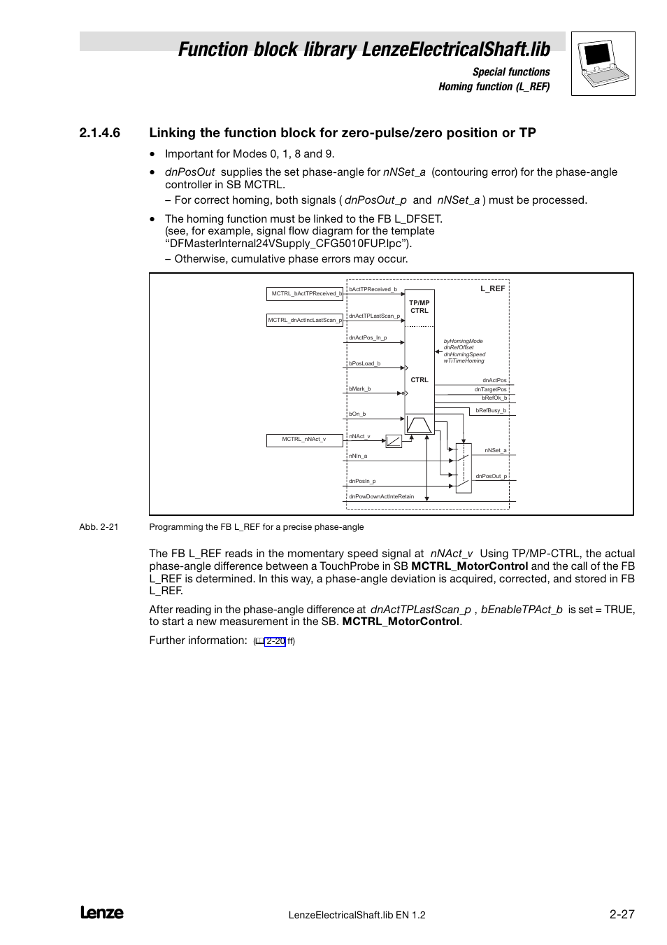 Function block library lenzeelectricalshaft.lib, Special functions 2.1.4 homing function (l_ref), Important for modes 0, 1, 8 and 9 | Lenze DDS Global Drive PLC Developer Studio User Manual | Page 37 / 45