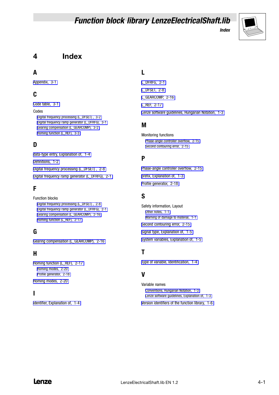 4 index, Function block library lenzeelectricalshaft.lib, 4index | Lenze DDS Global Drive PLC Developer Studio User Manual | Page 45 / 45