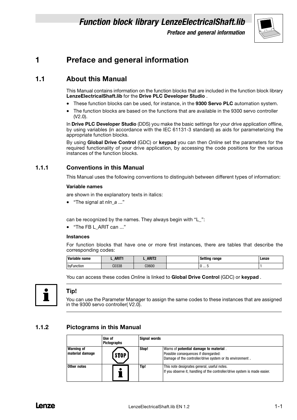 1 preface and general information, 1 about this manual, 1 conventions in this manual | 2 pictograms in this manual, About this manual, Conventions in this manual, Pictograms in this manual, Function block library lenzeelectricalshaft.lib, 1preface and general information | Lenze DDS Global Drive PLC Developer Studio User Manual | Page 5 / 45