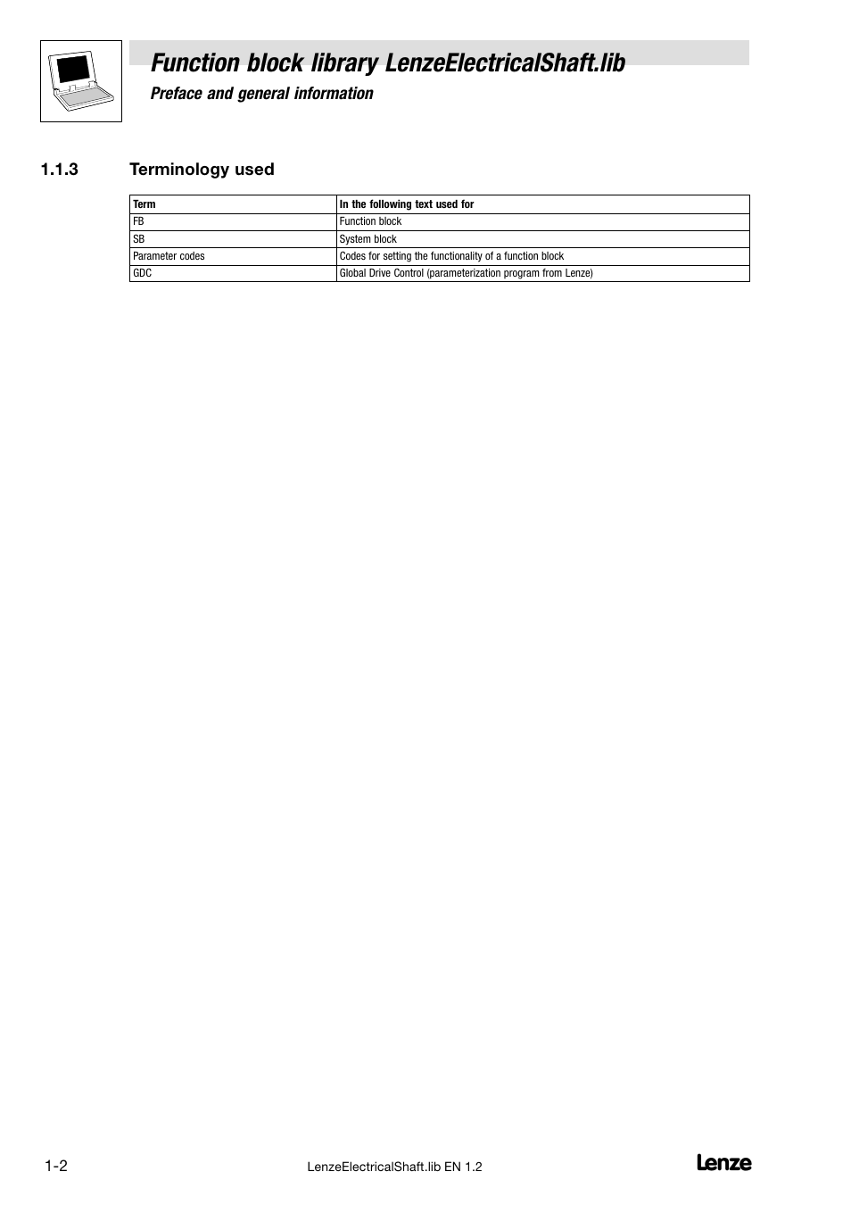 3 terminology used, Terminology used, Function block library lenzeelectricalshaft.lib | Preface and general information | Lenze DDS Global Drive PLC Developer Studio User Manual | Page 6 / 45
