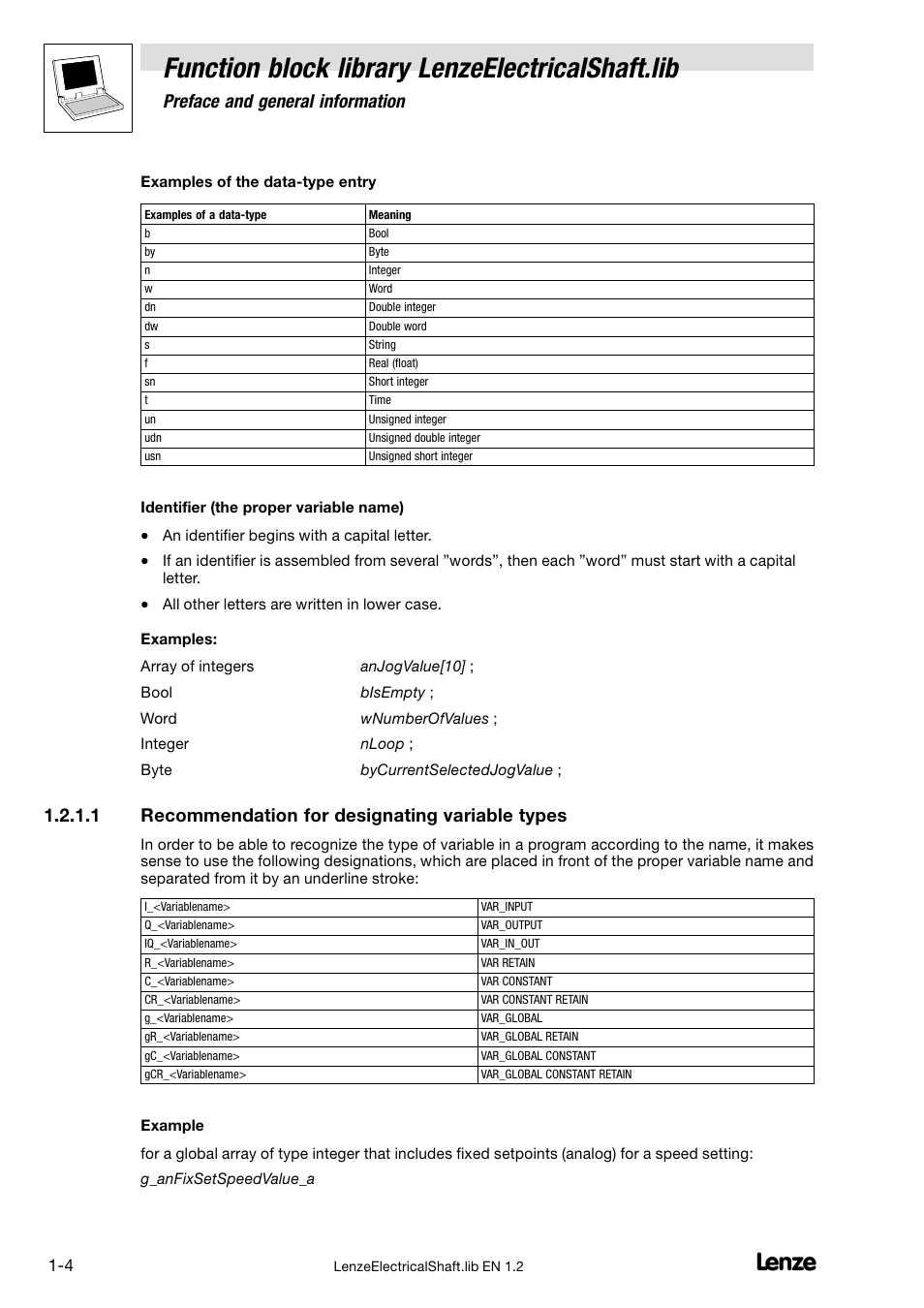 Recommendation for designating variable types, Function block library lenzeelectricalshaft.lib, Preface and general information | 1 recommendation for designating variable types | Lenze DDS Global Drive PLC Developer Studio User Manual | Page 8 / 45