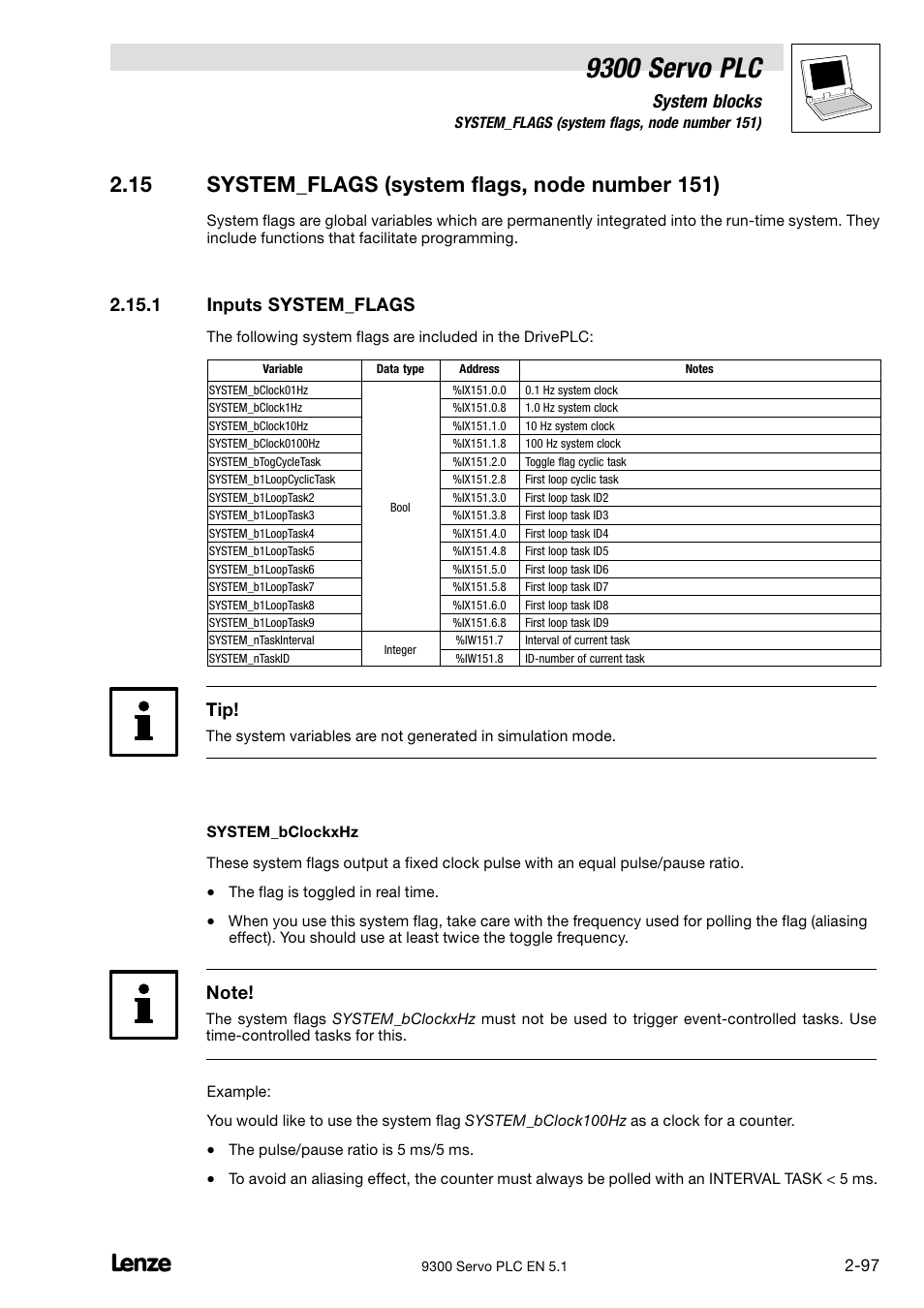 System_flags (system flags, node number 151), Inputs system_flags, 15 system_flags (system flags, node number 151) | 9300 servo plc, System blocks, 1 inputs system_flags | Lenze DDS Target 9300 Servo PLC V8.x User Manual | Page 103 / 169