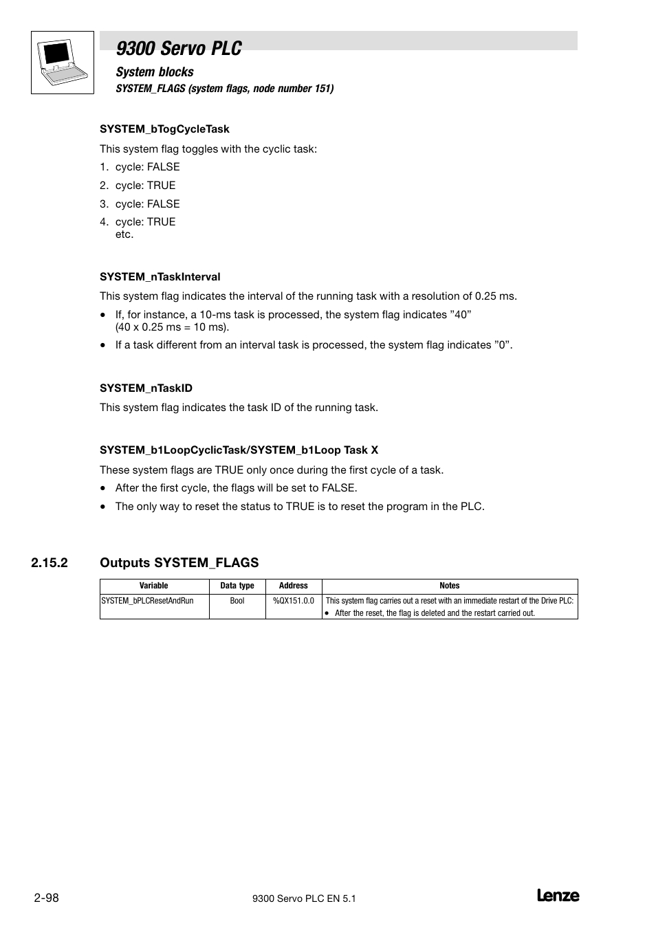 Outputs system_flags, 9300 servo plc | Lenze DDS Target 9300 Servo PLC V8.x User Manual | Page 104 / 169
