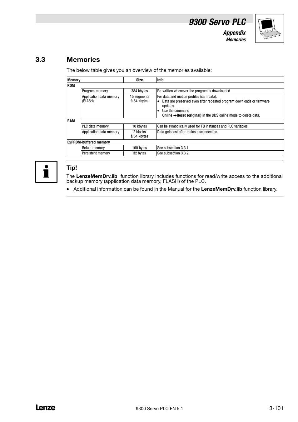 Memories, 9300 servo plc, Appendix | Lenze DDS Target 9300 Servo PLC V8.x User Manual | Page 107 / 169