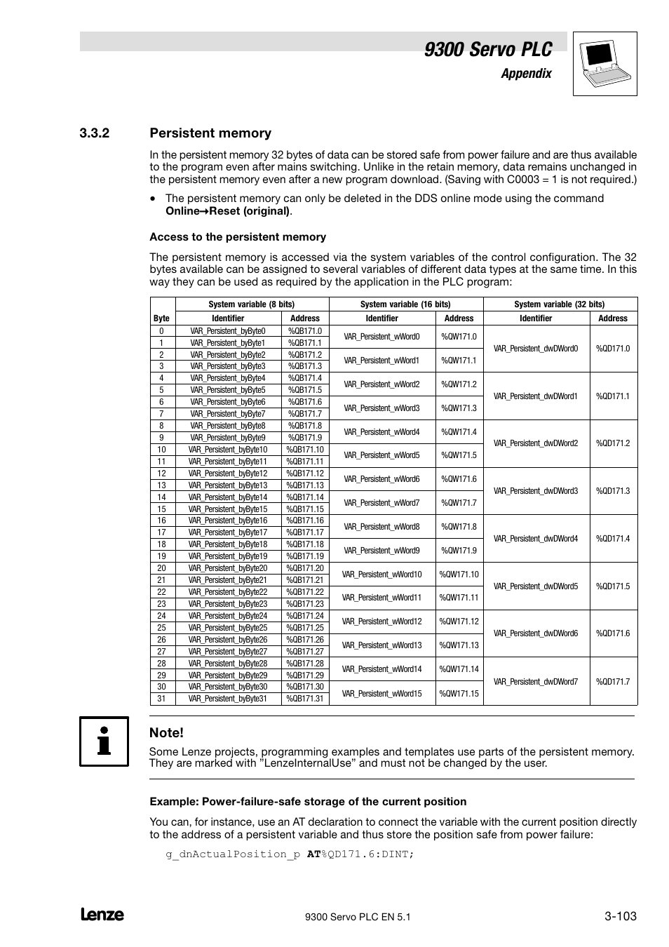 Persistent memory, 9300 servo plc, Appendix | Lenze DDS Target 9300 Servo PLC V8.x User Manual | Page 109 / 169