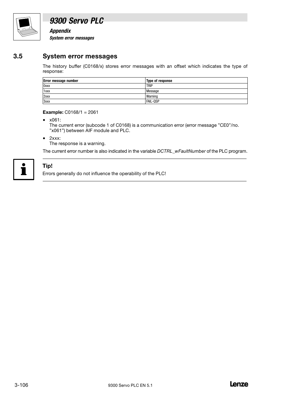 System error messages, 9300 servo plc, 5 system error messages | Lenze DDS Target 9300 Servo PLC V8.x User Manual | Page 112 / 169