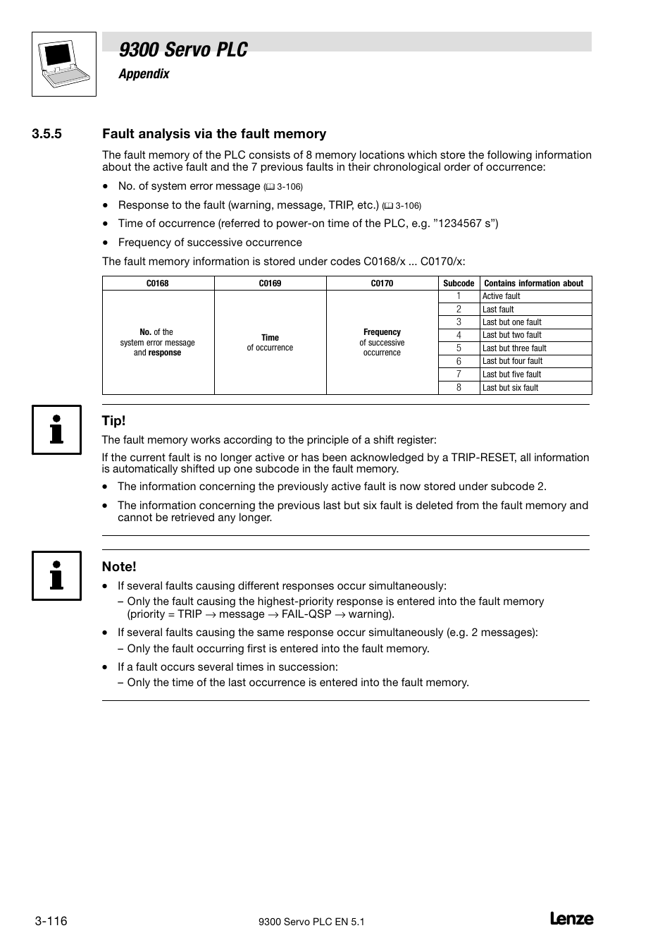 Fault analysis via the fault memory, 9300 servo plc, Appendix | Lenze DDS Target 9300 Servo PLC V8.x User Manual | Page 122 / 169