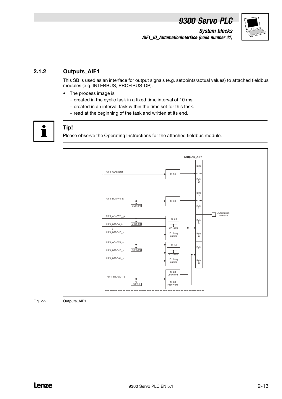Outputs_aif1, 9300 servo plc, System blocks | 2 outputs_aif1, 1 aif1_io_automationinterface (node number 41) | Lenze DDS Target 9300 Servo PLC V8.x User Manual | Page 19 / 169